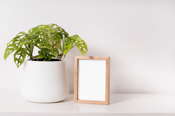 empty photo frame and plant in a pot mock up