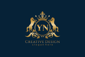initial YN Retro golden crest with circle and two horses, badge template with scrolls and royal crown - perfect for luxurious branding projects