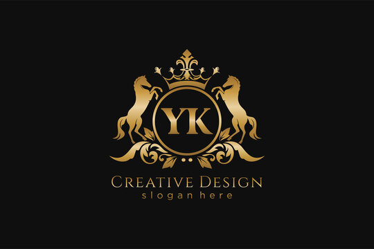initial YK Retro golden crest with circle and two horses, badge template with scrolls and royal crown - perfect for luxurious branding projects