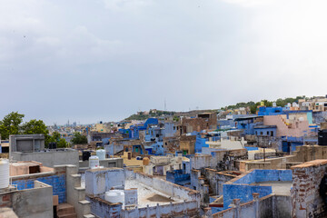 The bright blue color street and houses of the blue city in navchokiya of Jodhpur, Rajasthan.