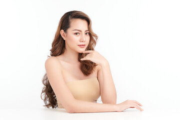 Fototapeta premium Beautiful young asian woman with clean fresh skin on white background, Face care, Facial treatment, Cosmetology, beauty and spa, Asian women portrait.