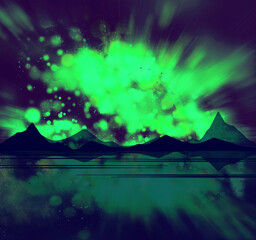 Fototapeta na wymiar Mountains, sea and northern lights reflected in the water. Abstract simple digital and watercolour landscape. Background for design with space for text.