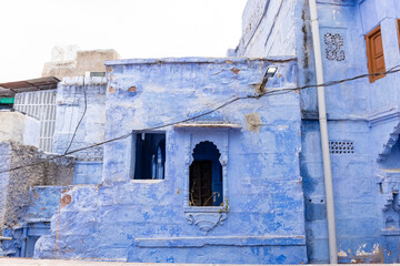 The bright blue color street and houses of the blue city in navchokiya of Jodhpur, Rajasthan.