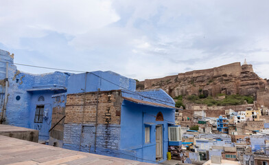 The bright blue color street and houses of the blue city in navchokiya of Jodhpur, Rajasthan.