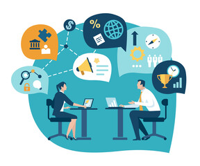 Office work illustration. Couple is sitting at the tables and discusses. Vector illustration.