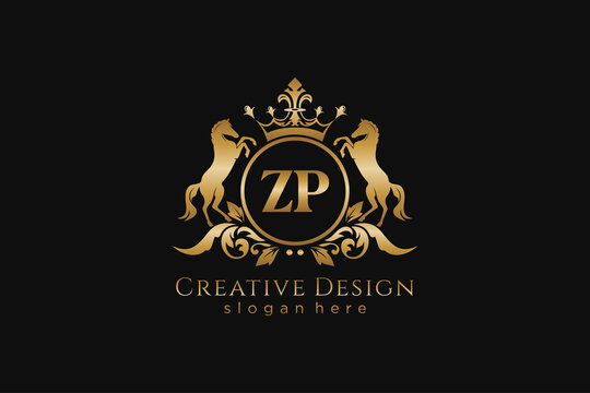 initial ZP Retro golden crest with circle and two horses, badge template with scrolls and royal crown - perfect for luxurious branding projects