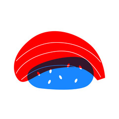 Sushi illustration with red fish in flat minimalism. Sushi abstract vector illustration. Sushi icons. Asian Cuisine elements. Isolated. Blue and red food symbol. Can be use for restaurants menu. 
