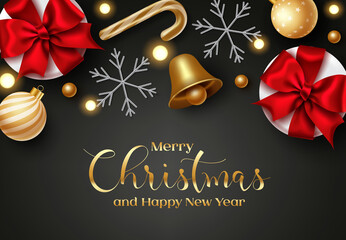 Merry christmas vector background. Merry christmas and happy new year greeting text in space for messages with gifts, bell, balls and snowflakes elements for xmas card design. Vector illustration

