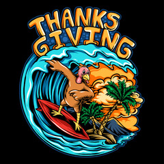 thanksgiving holiday turkey riding a surf board on the ocean waves on a beautiful beach with coconut trees