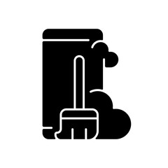 Dust and dirt inside the phone black glyph icon. Smartphone and broom. Remove dust from inside lens, speakers and ports. Silhouette symbol on white space. Vector isolated illustration