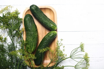 cucumbers on wooden plate and fennel on white background - home canning concept flat lay