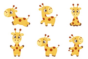 Set of cute little giraffe with different poses. Funny cartoon character for print, cards, baby shower, invitation, wallpapers, decor. Bright colored childish stock vector illustration