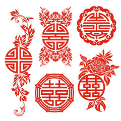 Feng Shui symbols - patterns in a circle. Red template - chinese style. Ethnic ornament and eastern elements. Trendy print for design. Vector set.