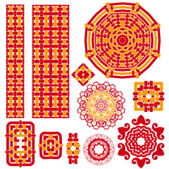 Red and gold template symbols - chinese style. Ethnic ornament and eastern elements. Trendy print for design. Vector set.