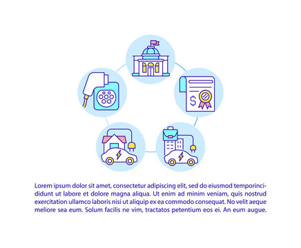 EV Home Charging Points Concept Line Icons With Text. Government Grant. PPT Page Vector Template With Copy Space. Brochure, Magazine, Newsletter Design Element. 5 Linear Illustrations On White