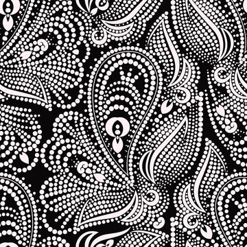 Seamless black and white dotted pattern with paisley. Traditional ethnic ornament. Vector print. Use for wallpaper, pattern fills,textile design.