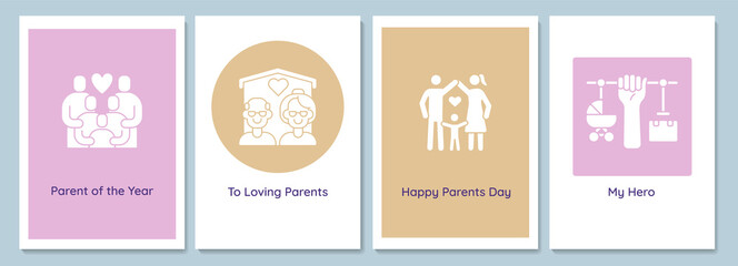 Fototapeta na wymiar Wishing happy parents day greeting cards with glyph icon element set. Creative simple postcard vector design. Decorative invitation with minimal illustration. Creative banner with celebratory text