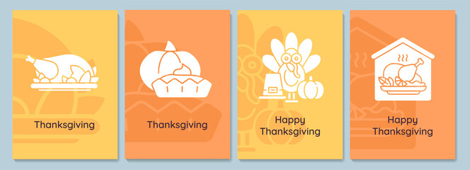 Thanksgiving celebration greeting cards with glyph icon element set. Creative simple postcard vector design. Decorative invitation with minimal illustration. Creative banner with celebratory text