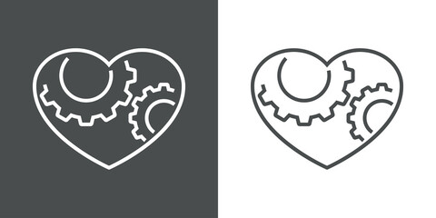 I love technology. Logotipo con 2 engranajes en corazón con lineas en fondo gris y fondo blanco