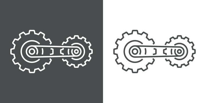 Maquinaria industrial. Logotipo 2 engranajes con cintur&oacute;n con lineas en fondo gris y fondo blanco