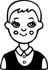 Primary school student. Pupil boy icon. Hand-drawn cartoon child wearing school uniform. Black jersey vest over white shirt. Avatar of smiling big-eyed blond schoolboy in doodle style. Funny cute man.