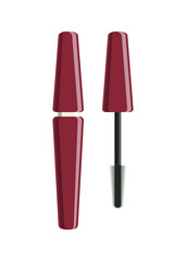 Vector tube of mascara. Mascara in a dark red tube. Lash mascara in a Red tube with brush. Clipart.