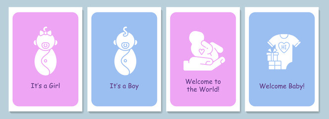 Welcome newborn in family greeting cards with glyph icon element set. Creative simple postcard vector design. Decorative invitation with minimal illustration. Creative banner with celebratory text