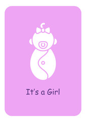 Birthing baby girl congratulations greeting card with glyph icon element. Creative simple postcard vector design. Decorative invitation with minimal illustration. Creative banner with celebratory text