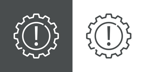 Icono plano engranaje con signo de exclamación con lineas en fondo gris y fondo blanco
