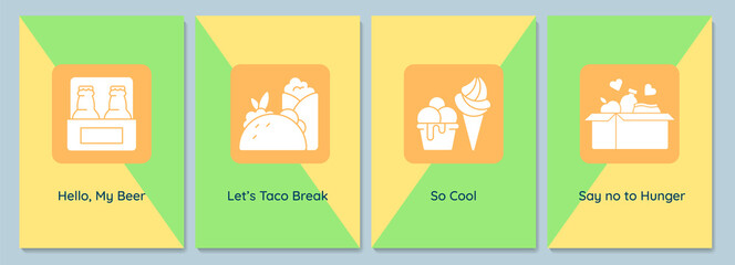 International food day greeting cards with glyph icon element set. Creative simple postcard vector design. Decorative invitation with minimal illustration. Creative banner with celebratory text