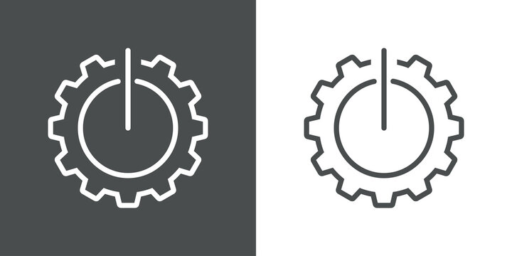 Icono plano engranaje con símbolo start con lineas en fondo gris y fondo blanco