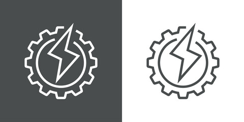 Energía electrica. Icono plano engranaje con rayo con lineas en fondo gris y fondo blanco © teracreonte