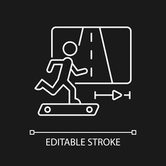 Online fitness jogging white linear icon for dark theme. VR travelling. Treadmill activities. Thin line customizable illustration. Isolated vector contour symbol for night mode. Editable stroke