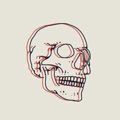 Linear hand drawn skull illustration with stereo effect isolated on white background for logo or emblem or icon or t-shirt design. Vector illustration