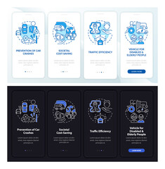 EV security moments onboarding mobile app page screen. Hybrid purchase walkthrough 4 steps graphic instructions with concepts. UI, UX, GUI vector template with linear day and night mode illustrations
