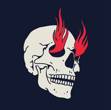 White hand drawn skull with fire flames from eyes isolated on black background for logo or icon or emblem or t-shirt design. Vector illustration