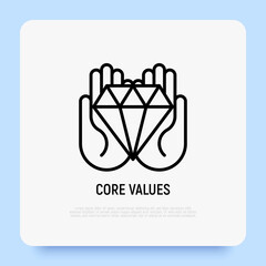 Core values, corporate strategy, responsibility thin line icon, diamond in hands. Vector illustration.