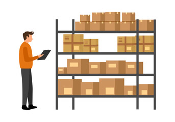 Warehouse worker checking stock inventory in flat design on white background. Inventory management. - obrazy, fototapety, plakaty