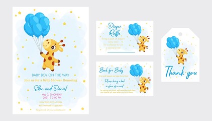 Baby Shower printable party invitation card template Baby boy on the way with Diaper Raffle, Book for baby and Thank you tag. Invitation set with cute little giraffe flying on balloons.