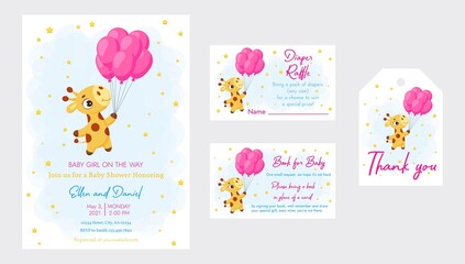 Baby Shower printable party invitation card template Baby girl on the way with Diaper Raffle, Book for baby and Thank you tag. Invitation set with cute little giraffe flying on balloons.