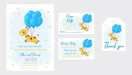 Fototapeta na wymiar Baby Shower printable party invitation card template Baby boy on the way with Diaper Raffle, Book for baby and Thank you tag. Invitation set with cute little giraffe flying on balloons.