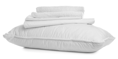 Fototapeta na wymiar Pillow, bedding and towels on white background