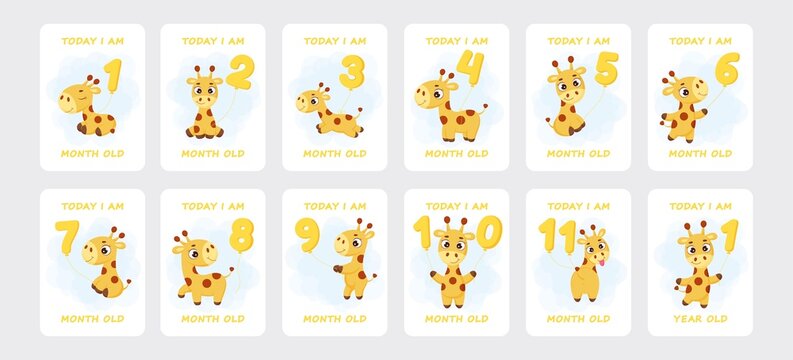 Baby milestone cards with cute little giraffe flying on number balloons for newborn girl or boy. Baby month anniversary card. Nursery print capturing all special moments. Stock vector illustration
