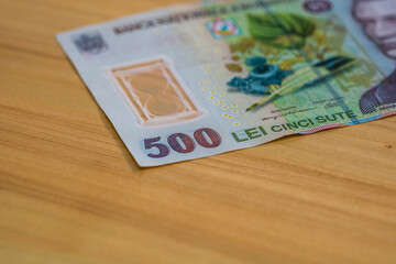 Detail of LEI banknotes. Staks of Romanian LEI banknotes. World money concept, inflation and economy concept
