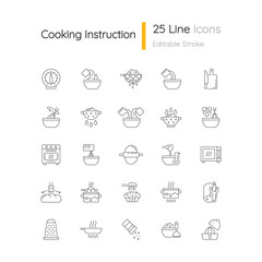 Cooking instruction linear icons set. Frying pan. Kitchen timer. Cook dinner and meal. Food preparation process. Customizable thin line symbols. Isolated vector outline illustrations. Editable stroke