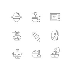 Cooking linear icons set. Cookery steps. Homemade meals. Recipe for dinner. Food preparation instructions. Customizable thin line symbols. Isolated vector outline illustrations. Editable stroke