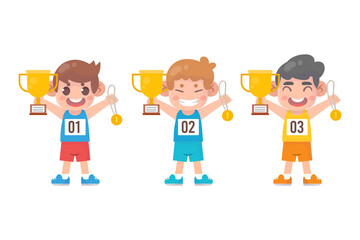 Happy cute little boy holding gold medal and trophy

