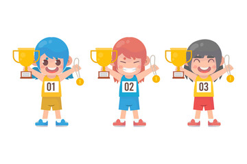 Happy cute little girl holding gold medal and trophy
