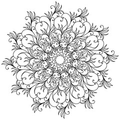 Abstract tangled mandala with swirls and doodle flowers, meditative coloring page and ornate patterns
