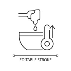 Melt cooking ingredient linear icon. High temperature for preparing frosting. Making cream. Thin line customizable illustration. Contour symbol. Vector isolated outline drawing. Editable stroke